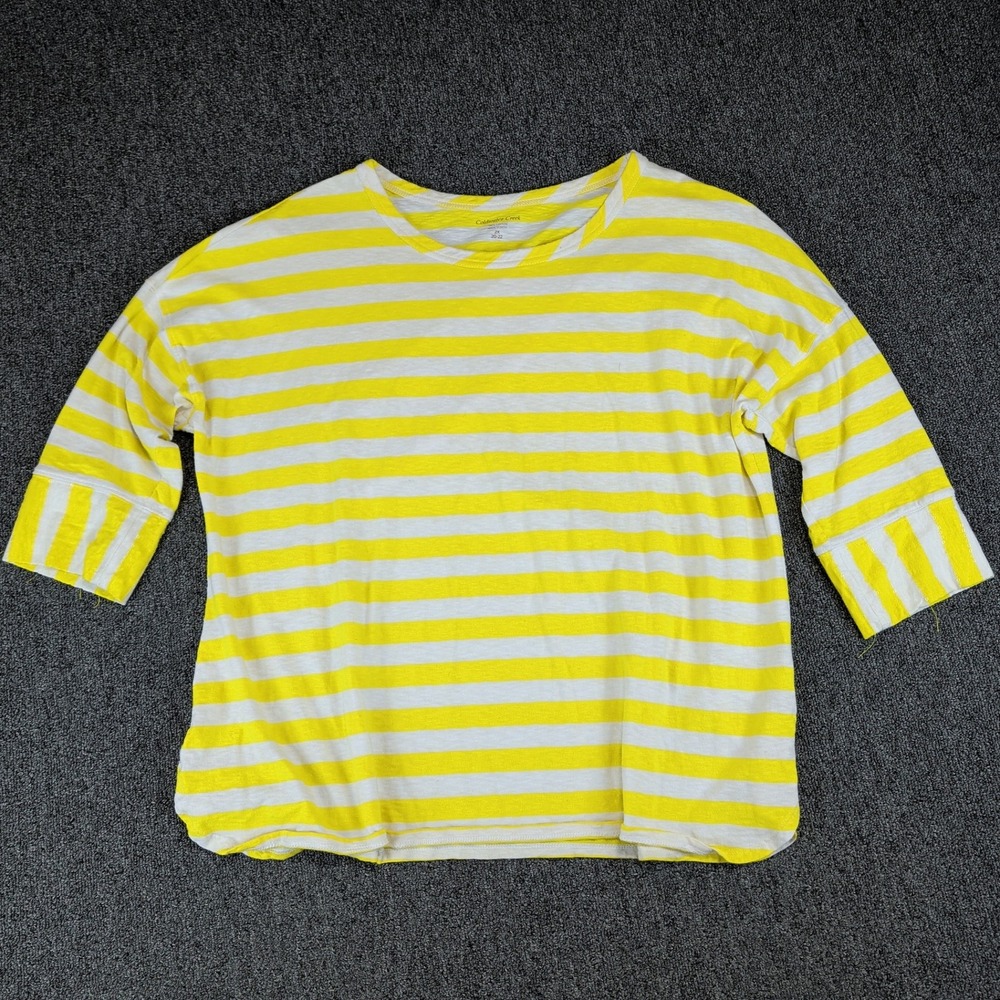 Coldwater Creek Coastal Striped‎ Sequin Cuff Top Womens 2X Yellow White Cotton
